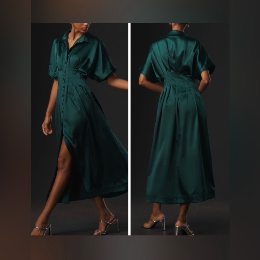 Anthropologie Tobie Emerald Green Satin Maxi Shirt Dress by Exquise, Size L NWT